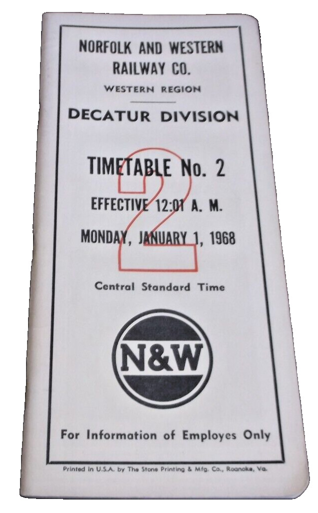 JANUARY 1968  NORFOLK & WESTERN N&W DECATUR DIVISION EMPLOYEE TIMETABLE #2
