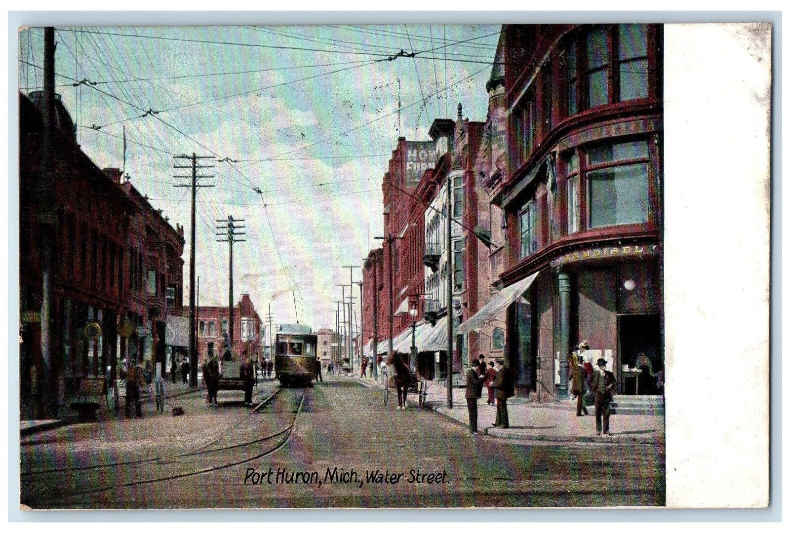 1911 Water Street Shops Trolley Scene Port Huron Michigan MI Posted Postcard