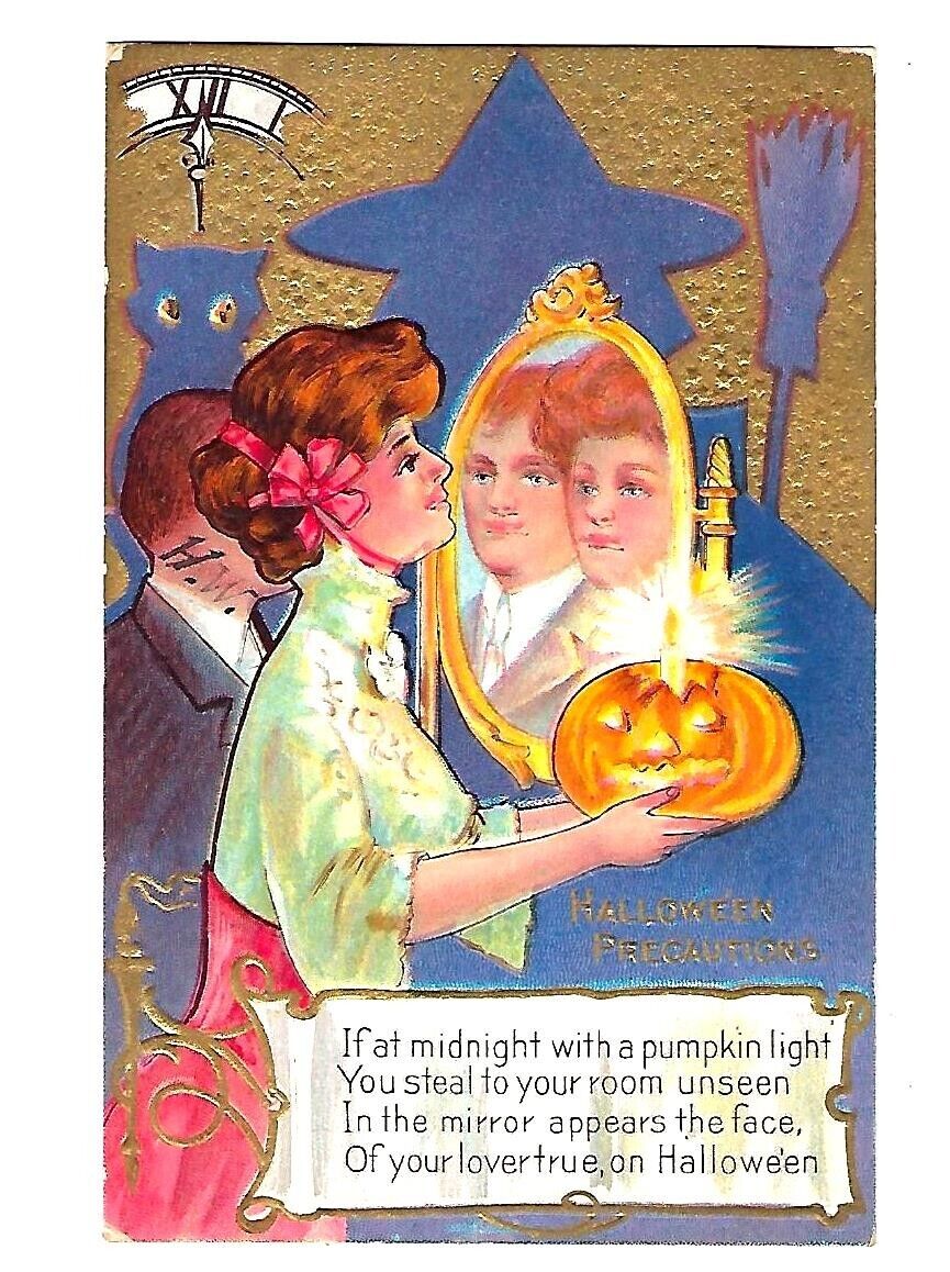 1911 Halloween Postcard Looking in Mirror of Your Lover True, Pumpkin Candle