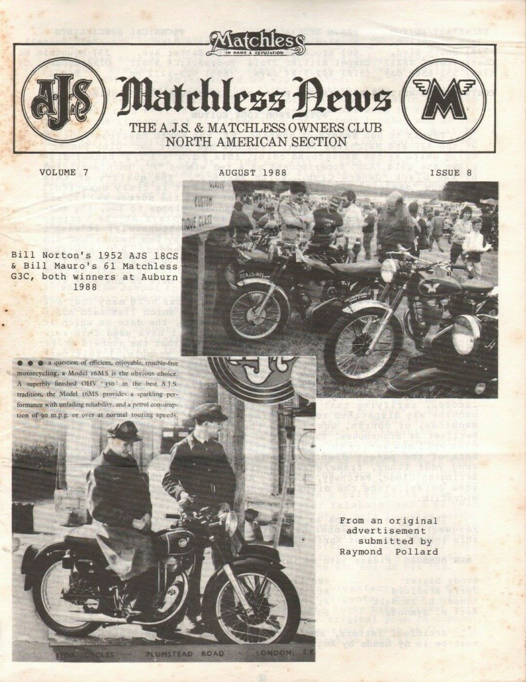 1988 August A.J.S. & Matchless News - Motorcycle Owner\'s Club Newsletter