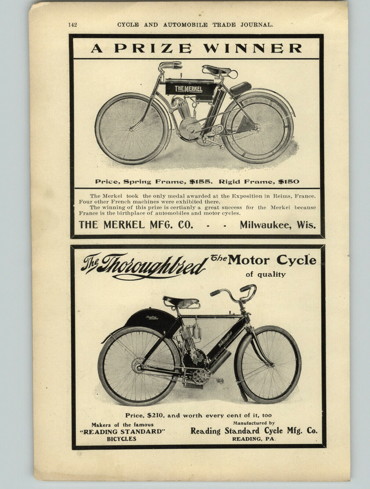 1904 PAPER AD The Merkel Reading Thoroughbred Breeze Tourist Motorcycle