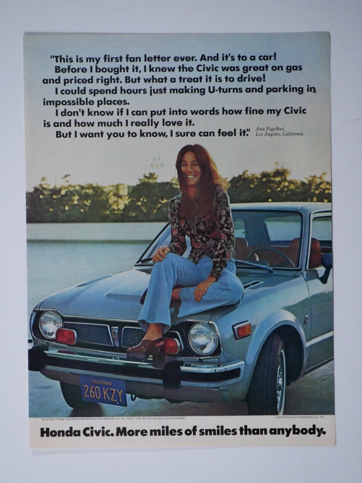 1974 Honda Civic Ann Folgelhut Los Angeles California Vintage Original Print Ad