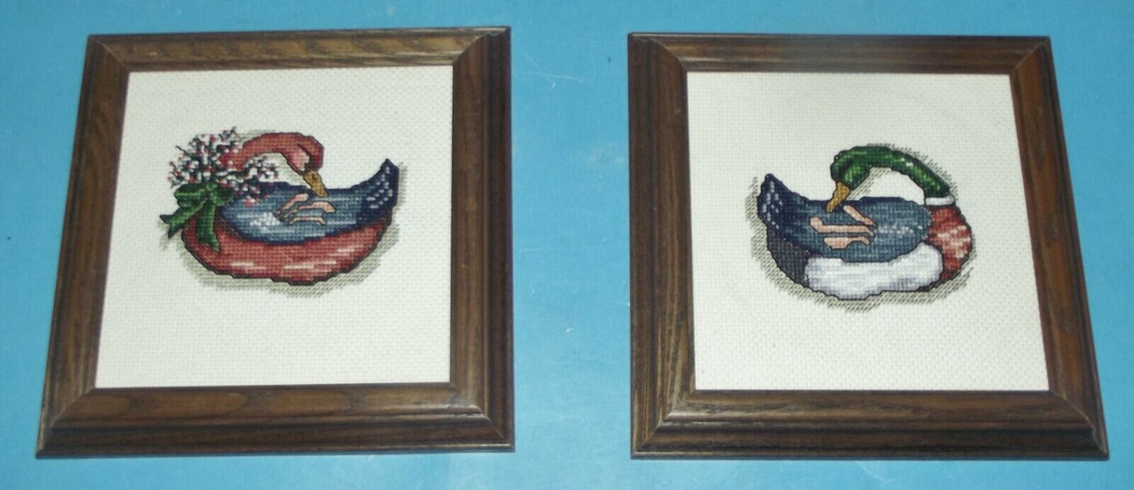 Vintage Sampler Needlework 2 Ducks Finished Wood Framed Handcrafted Art 7.5\