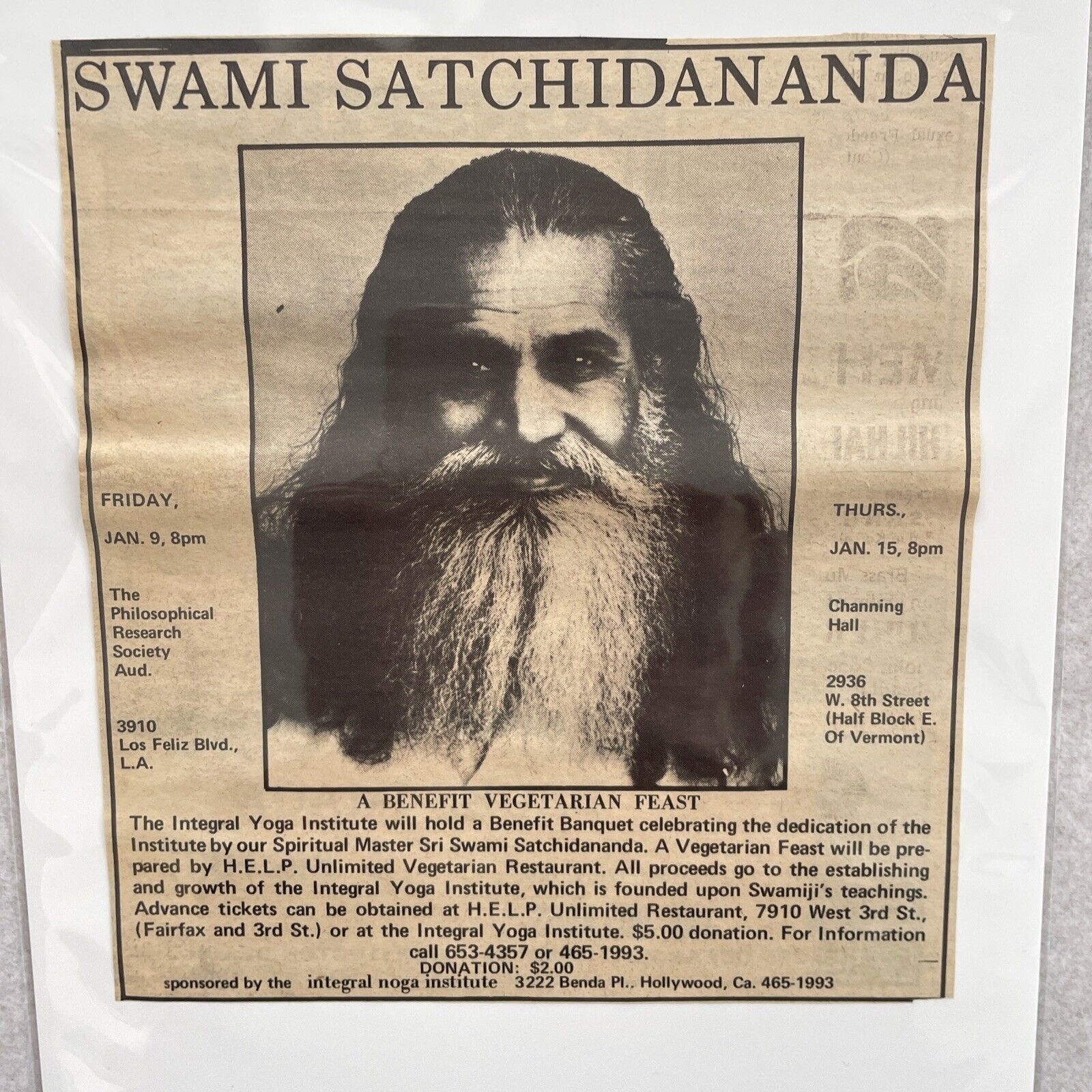 1969 SWAMI SATCHIDANANDA Indian Guru, Yoga Institute Benefit , Ad