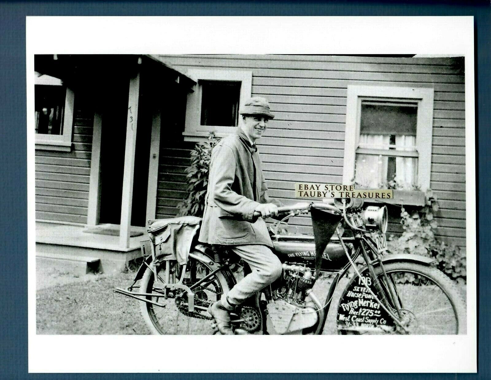 Vintage Photo 1913 FLYING MERKEL MOTORCYCLE License Plate West Coast Ad Sign US