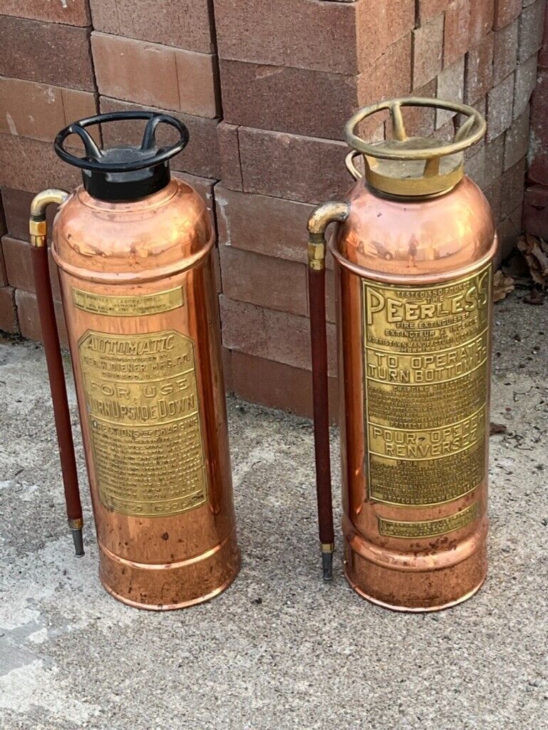 Set of 2 Vintage Fire Extinguisher Antique Polished Copper Brass Empty -Peerless