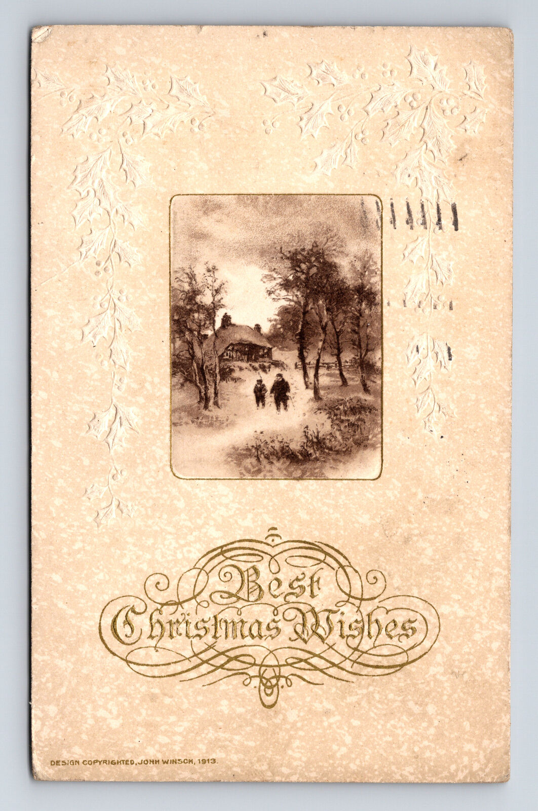 c1915 Best Christmas Wishes John Winsch Embossed Snowy Cottage Children Postcard