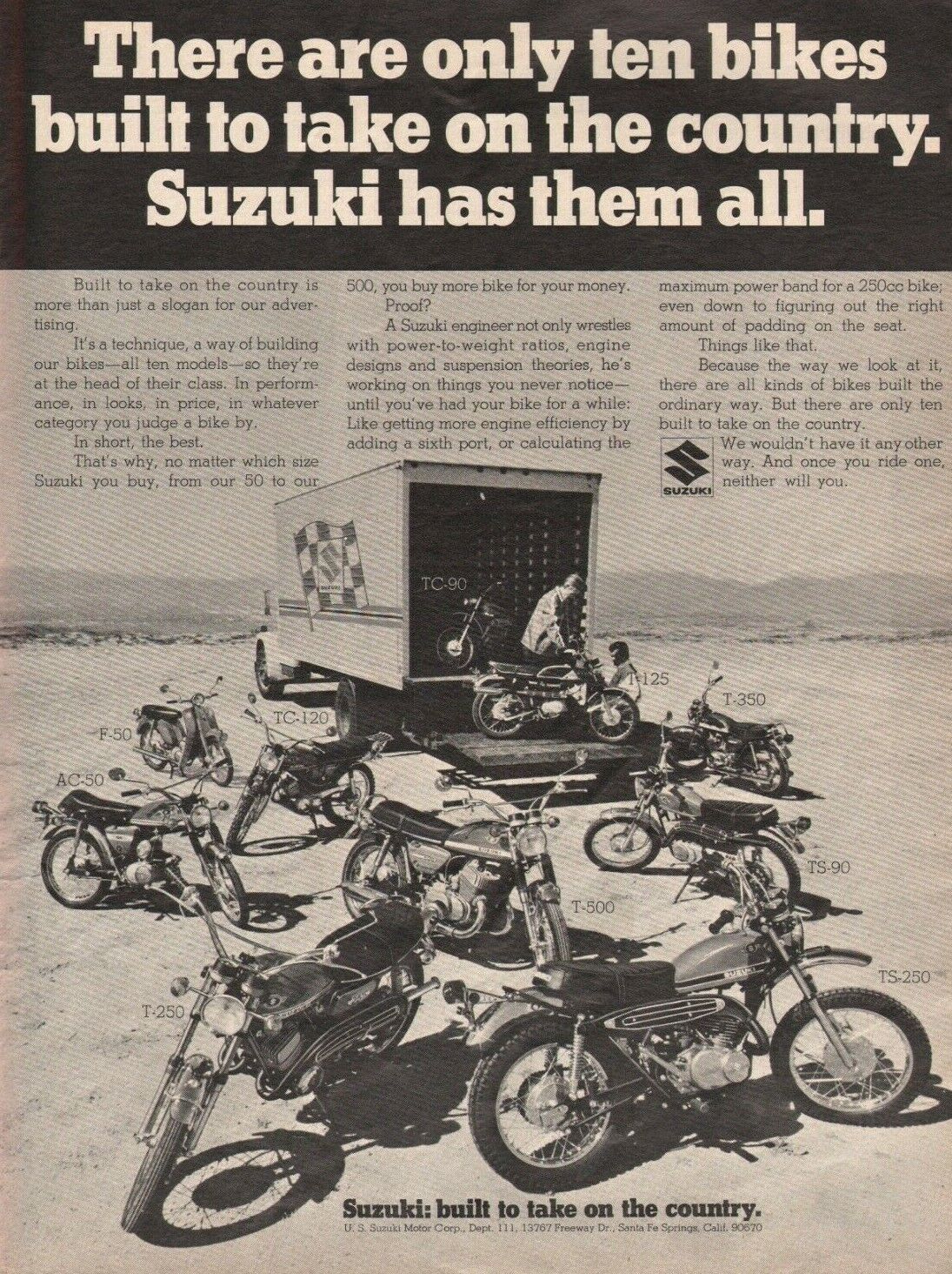 1970 Suzuki - Built to take on the country - Vintage Motorcycle Ad