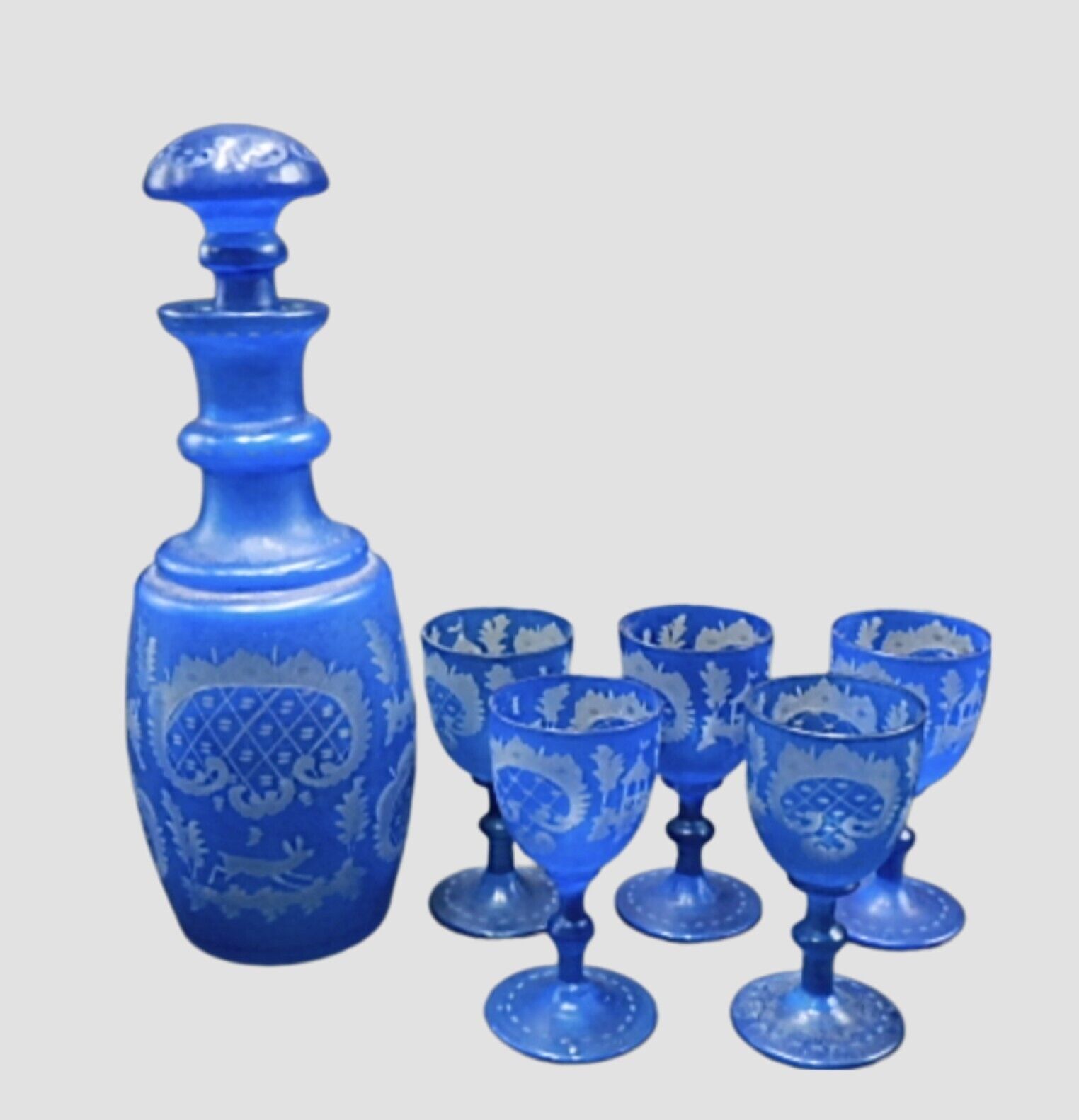 Antique Bohemian Blue Crystal Decanter Bottle & 5 Matching Cordials Circa 1900