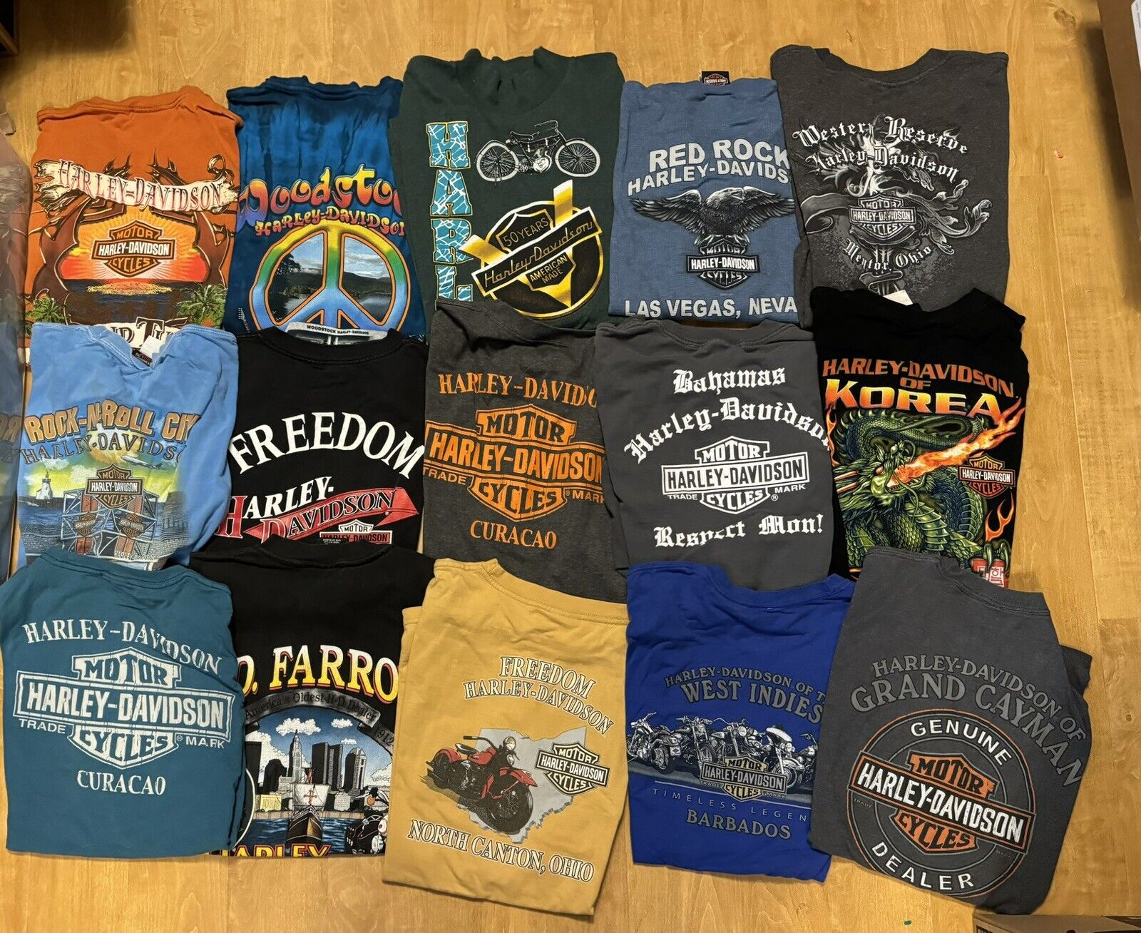 Lot of 15 Harley Davidson T-Shirts Short & Long Sleeve- Assorted Sizes, Colors..