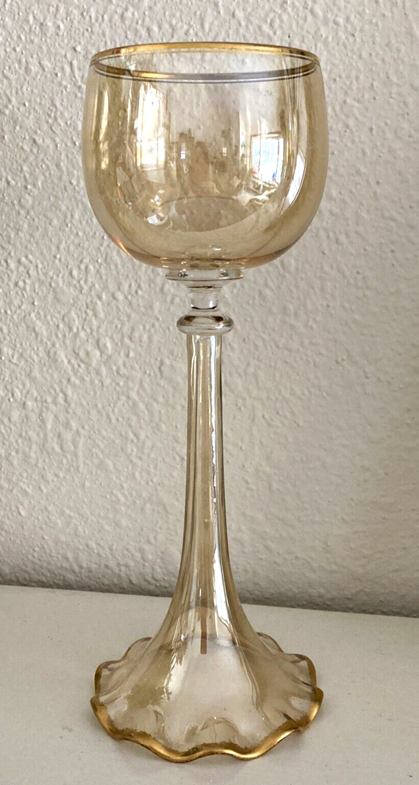 Bohemian Josephinenhutte Gold Rim Ruffled Stem Hollow Stem Antique Wine Glass