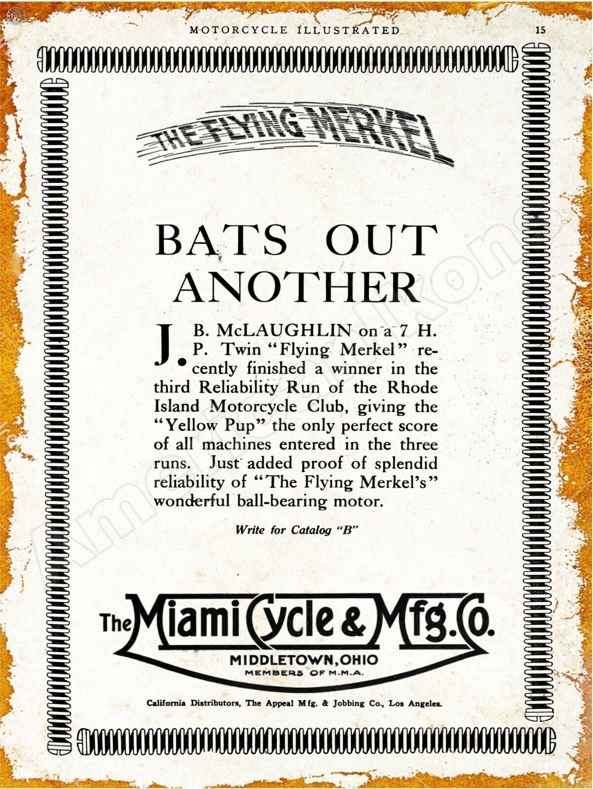 1911 Miami Cycle & Co. Flying Merkel New Metal Sign: Middletown, Ohio
