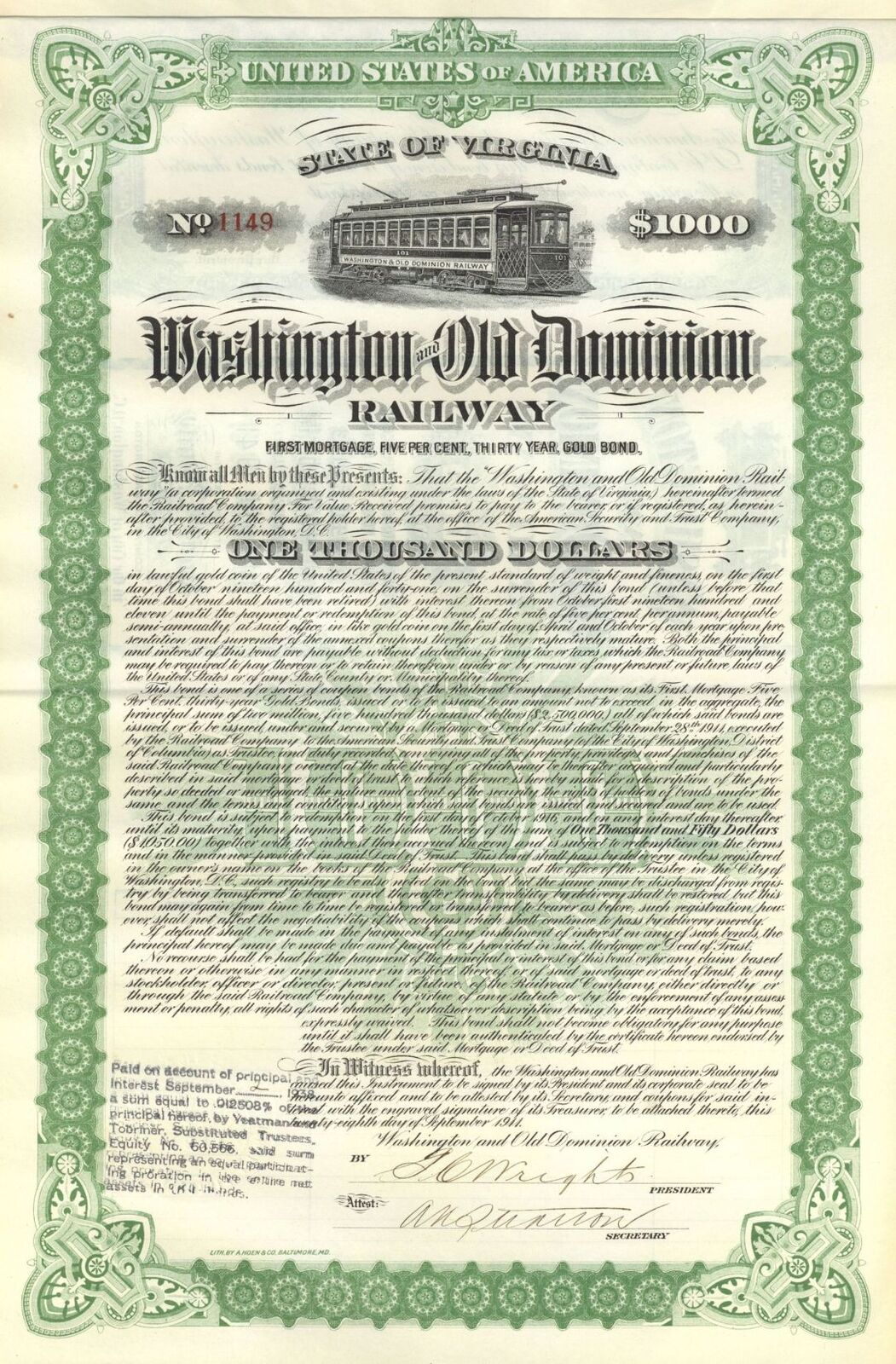 Washington and Old Dominion Railway - 1911 dated $1,000 Uncanceled Railroad 30 Y