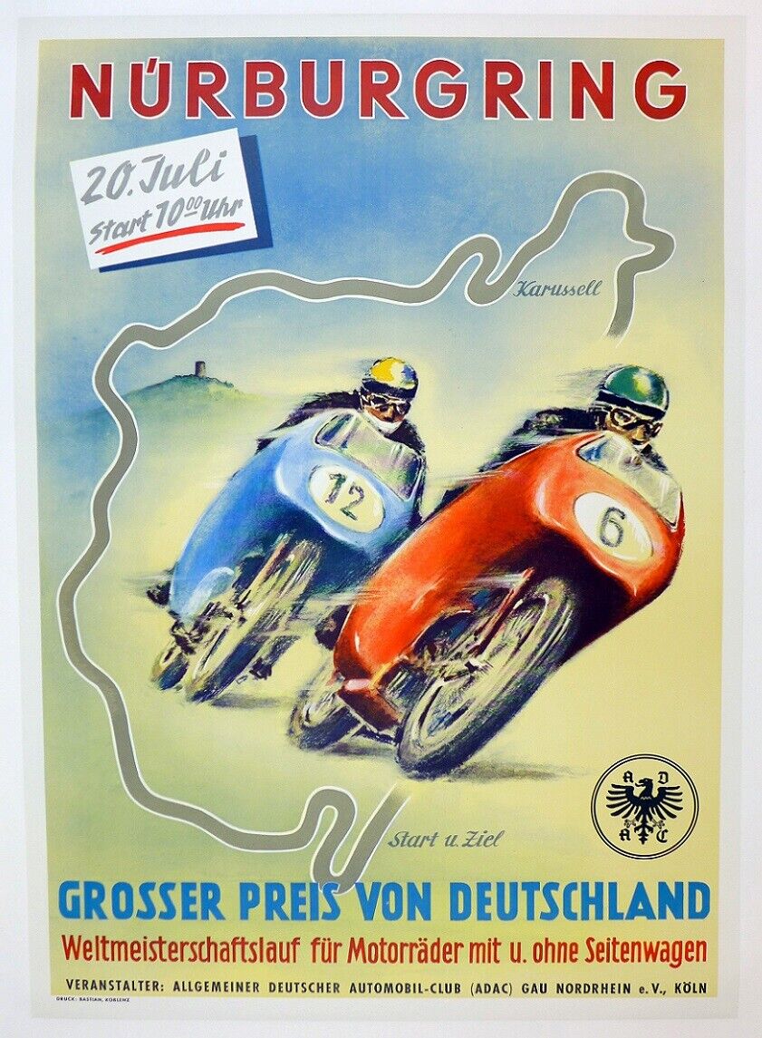 Grand Prix Germany 1958 motorcycle; ORIGINAL large poster & linen mounted