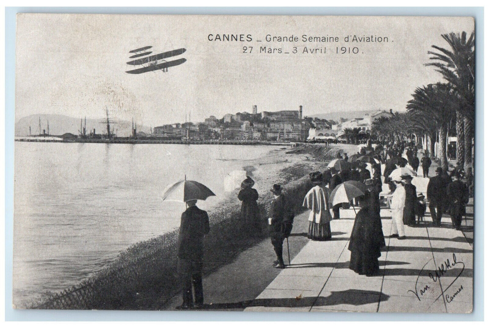 c1910 River Crowd Great Aviation Week Cannes France Antique Unposted Postcard