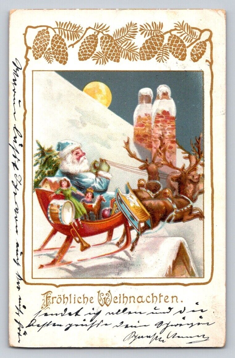 c1905 Old World Blue Santa Claus Rooftop Reindeer Chimney Christmas P219