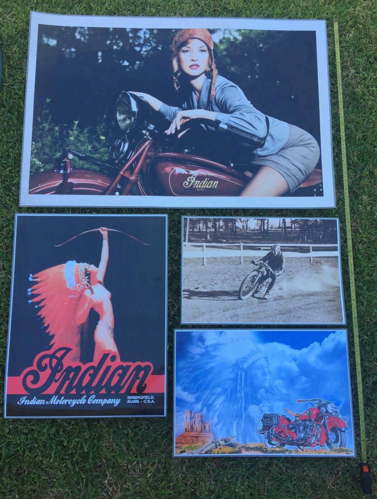 Indian Motorcycle Posters x4 LAMINATED, LARGE Indian Motorcycle add Prints x4