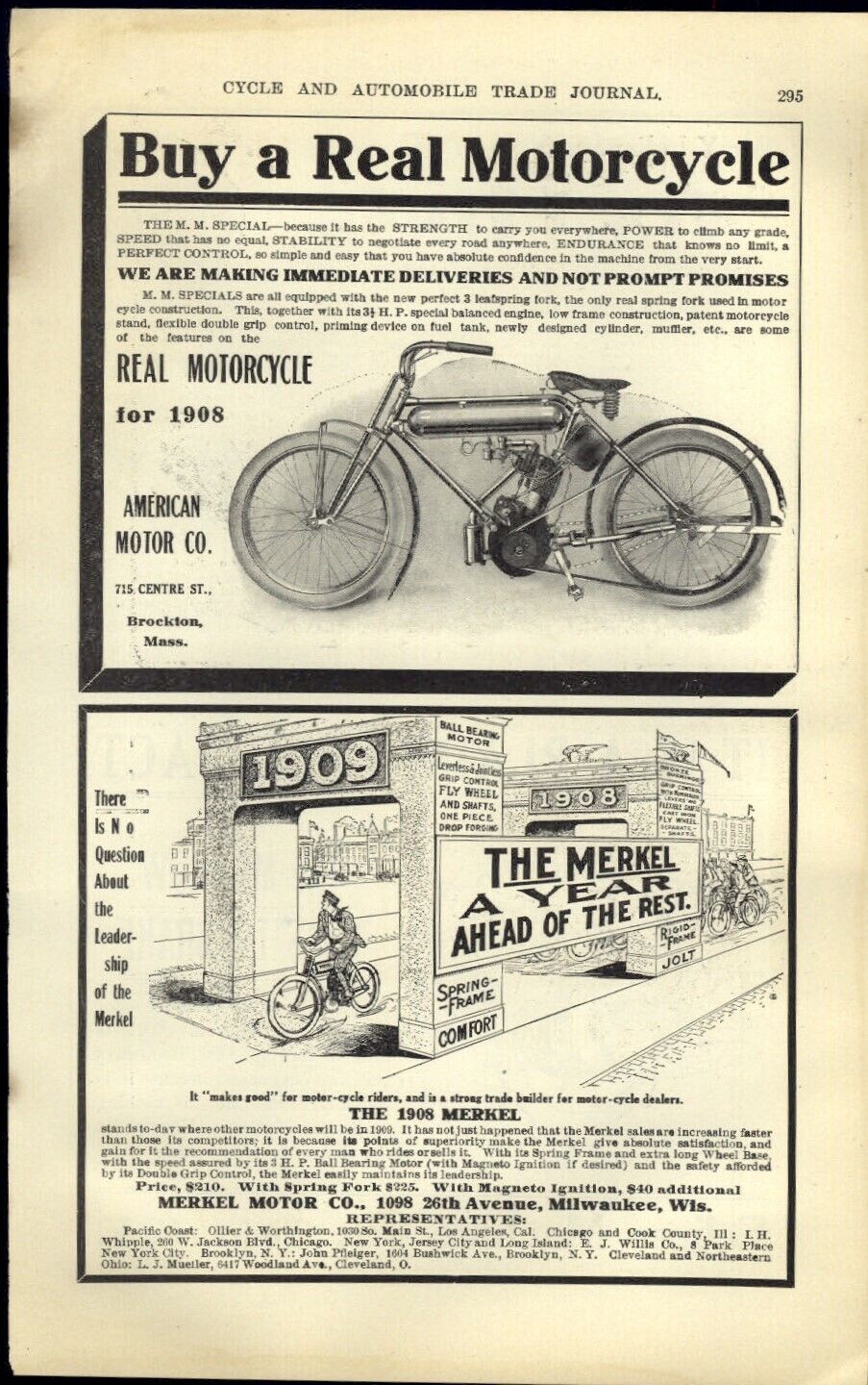 1908 PAPER AD Merkel Motorcycle Milwaukee Wisconsin Real Brockton 