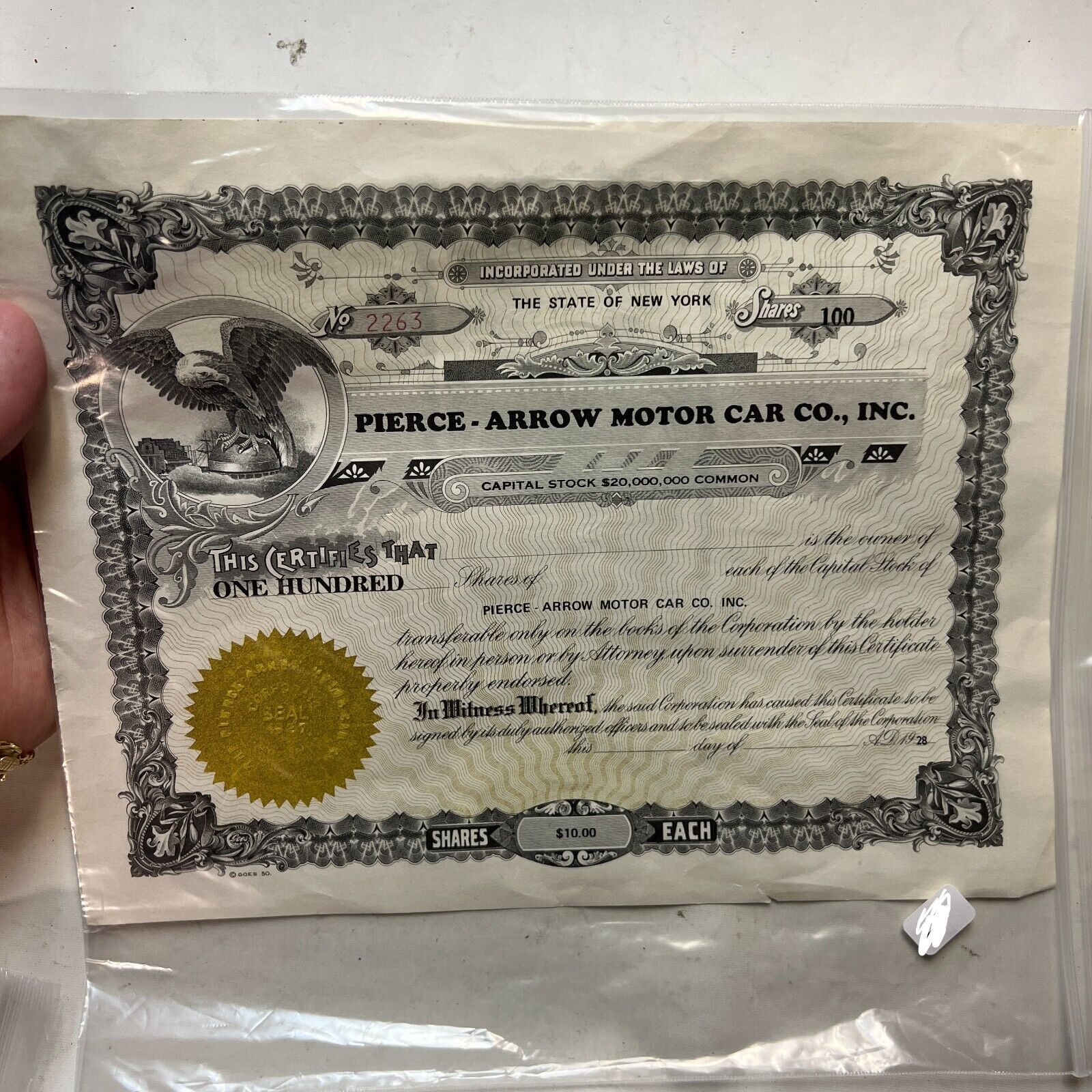 Pierce Arrow Motor Car Company Stock Certificate 1928 100 Shares - Collectible