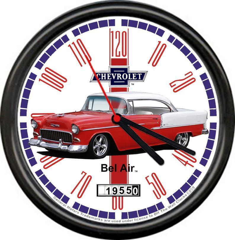Licensed 1955 Red Chevy Belair 2 Door Chevrolet General Motors Sign Wall Clock