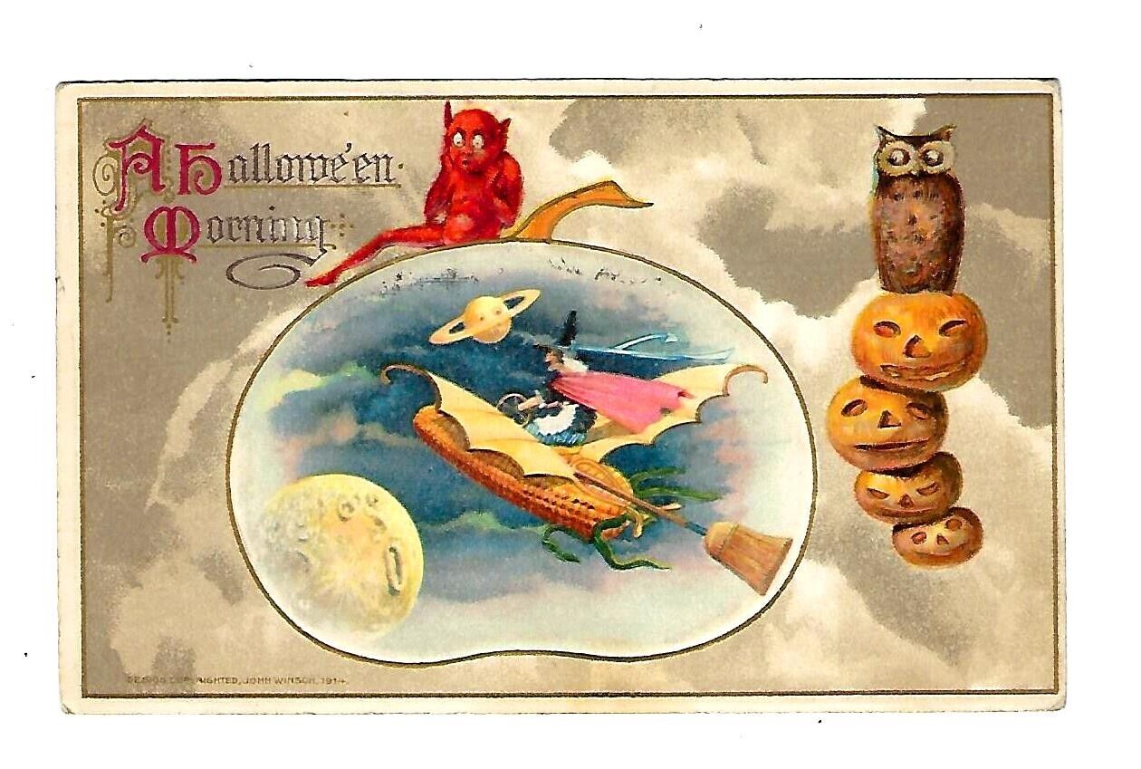 c1915 Winsch Halloween Postcard Flying Corn, Red Devil, Witch,JOL, Owl