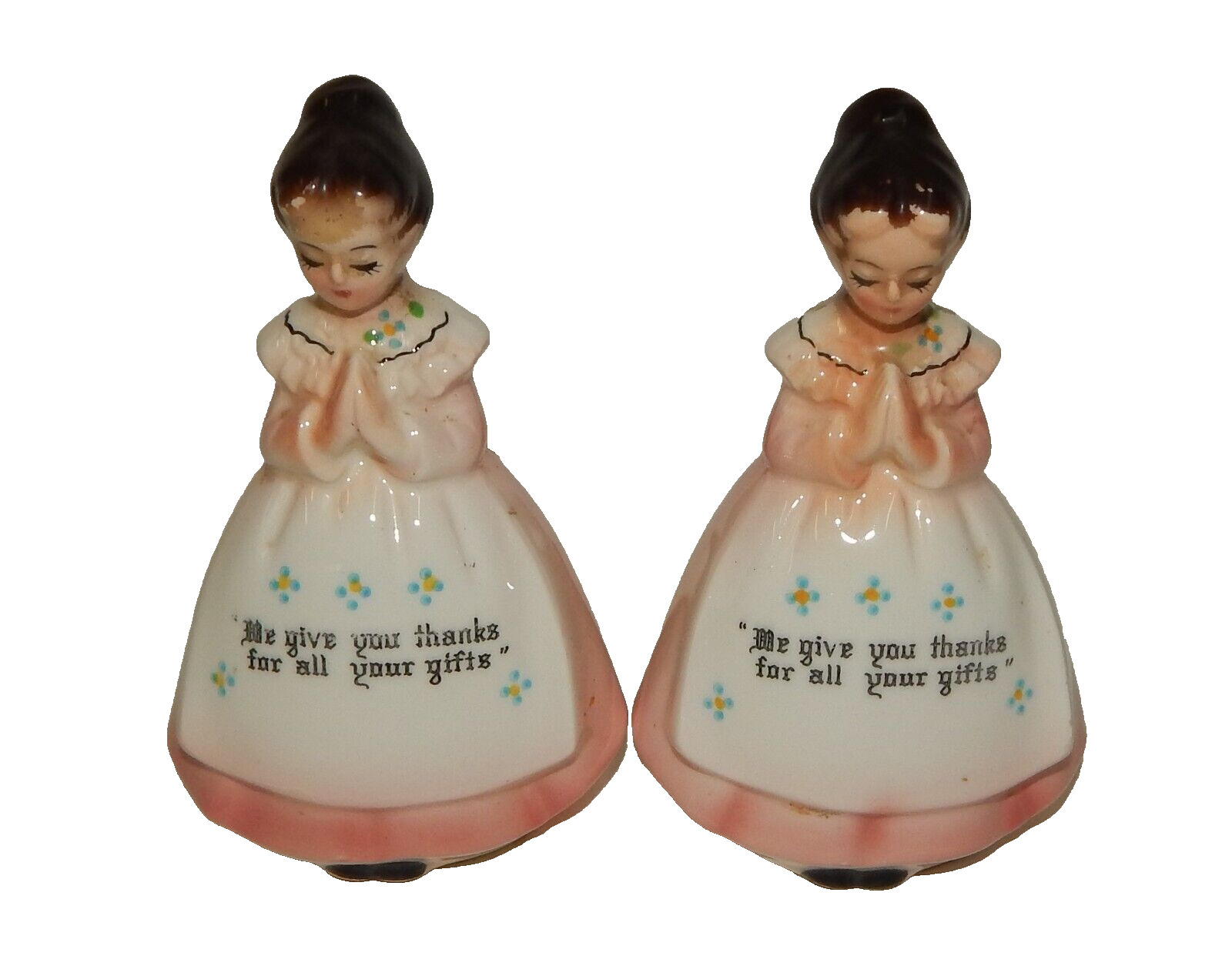 Vintage Enesco Kitchen Prayer Girls in Pink Salt & Pepper Shakers MIJ