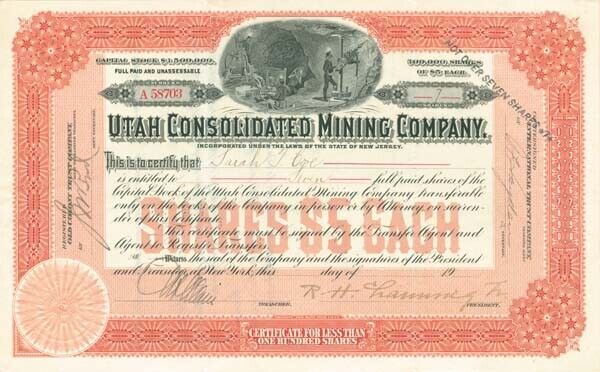 Utah Consolidated Mining Co. - Stock Certificate - Mining Stocks