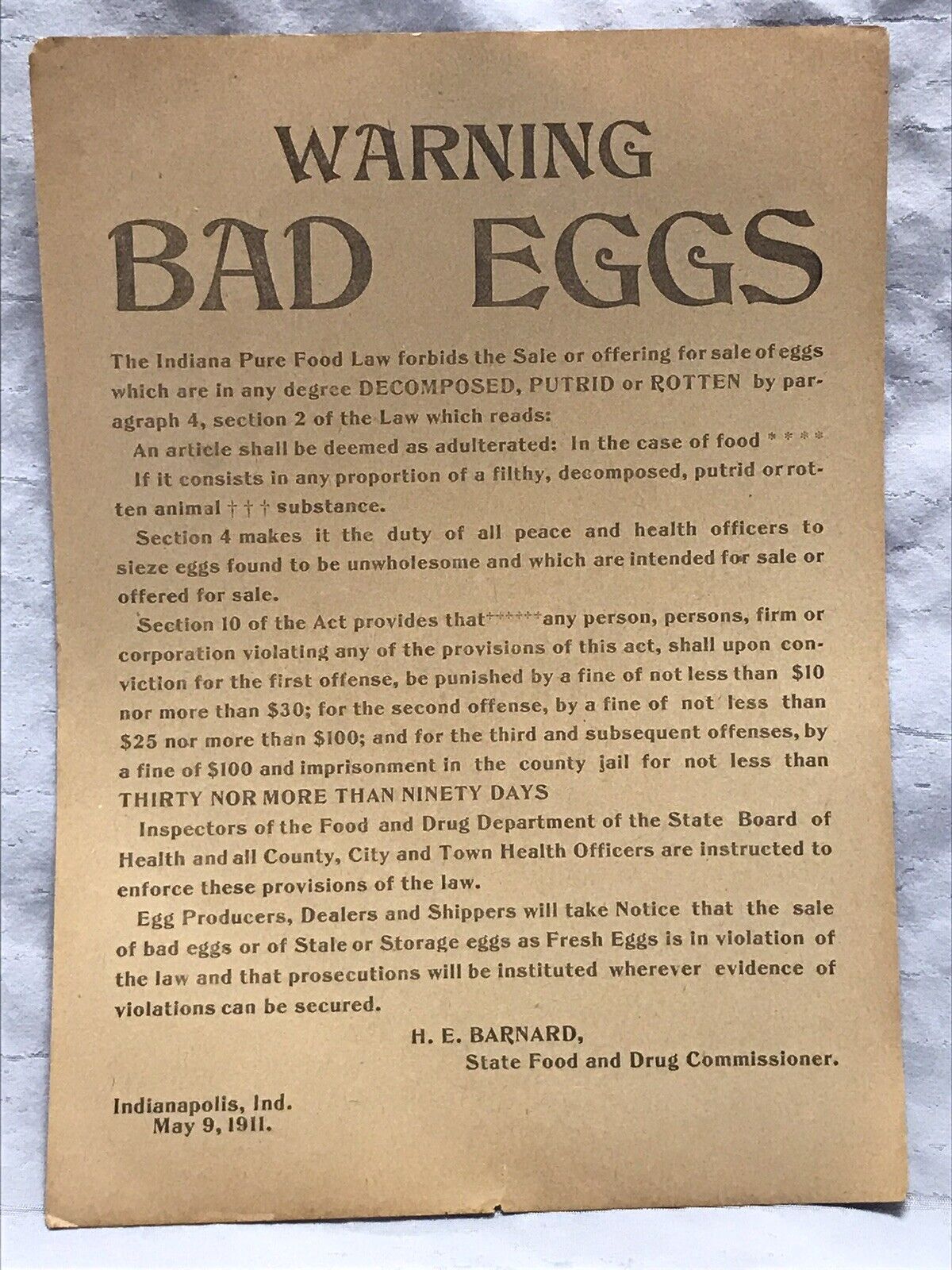 Vintage 1911 Paper Warning Bad Eggs State Of Indiana Notice Lot Of 5