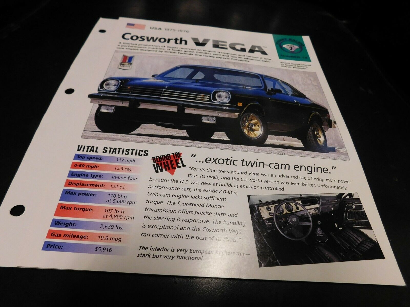 1975-1976 Chevrolet Cosworth Vega Spec Sheet Brochure Photo Poster