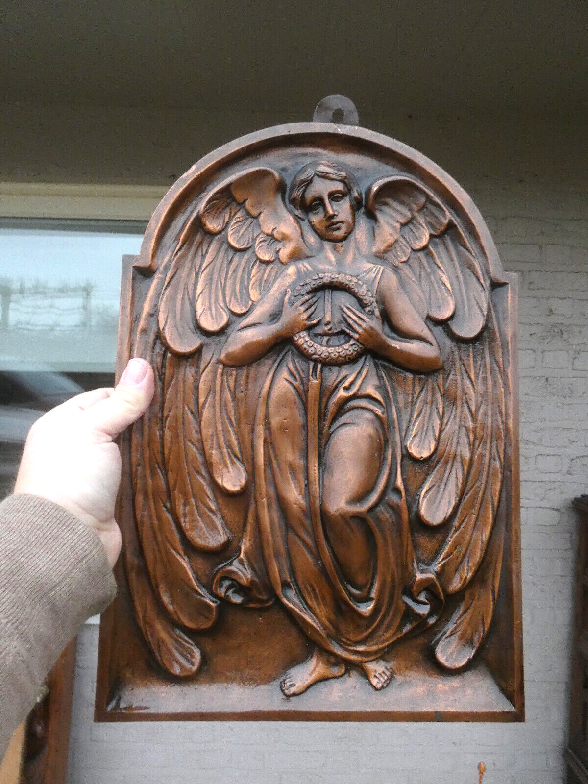 Vintage 1960 Bronze angel relief religious wall plaque panel