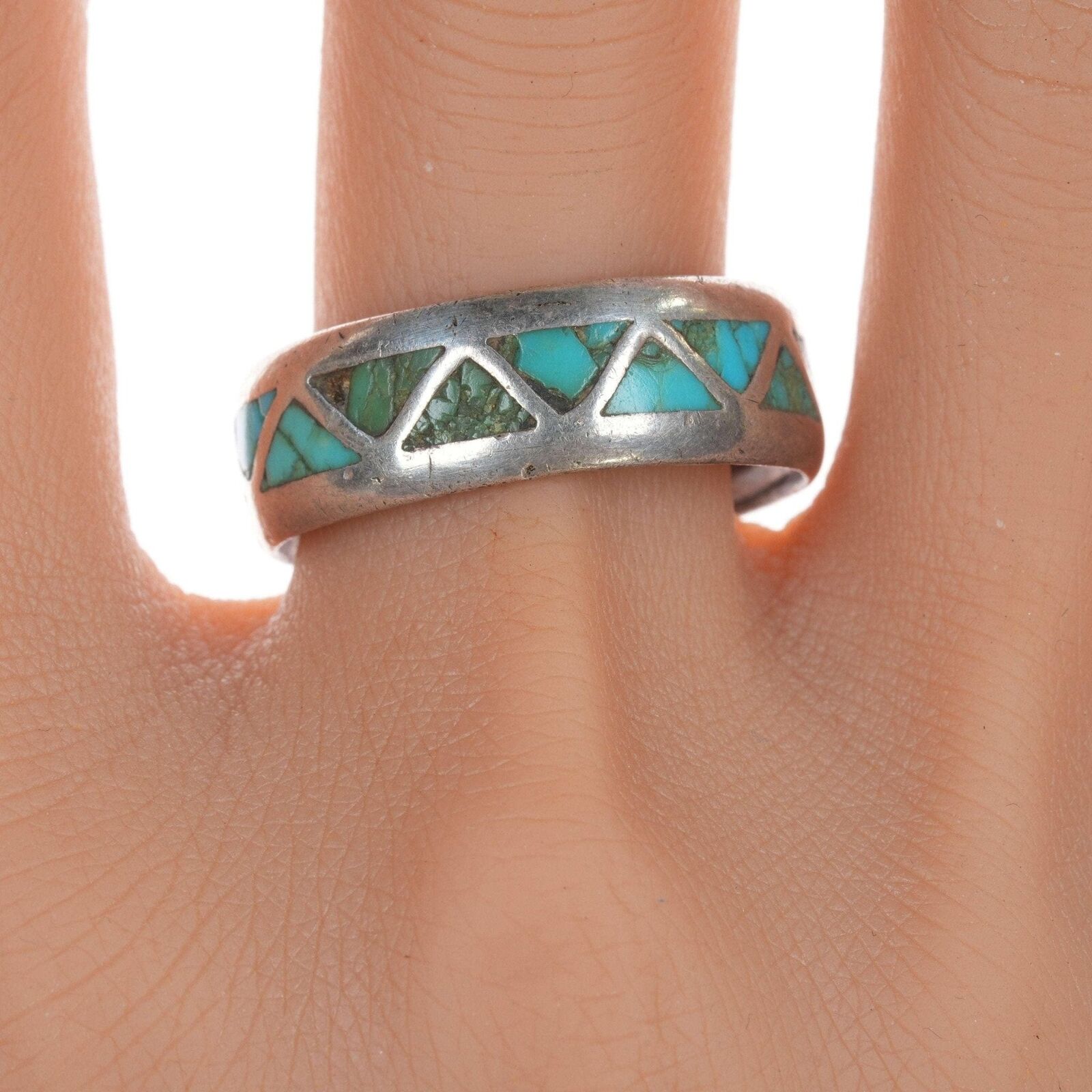 sz11.5 Vintage Zuni Channel inlay turquoise silver ring