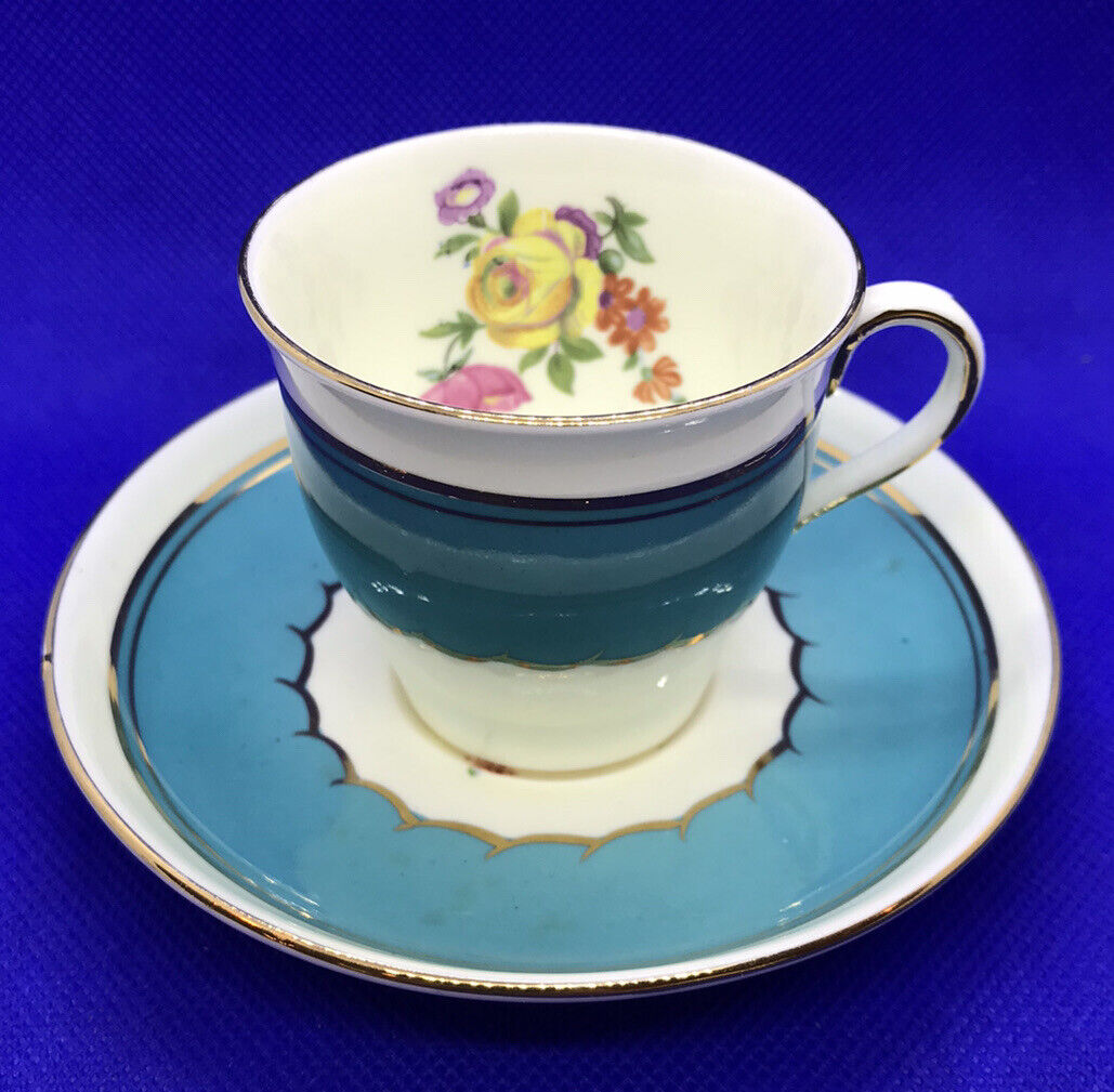 Vintage AYNSLEY Mini Tea Cup and Saucer Blue White Gold Trim Rose Floral England