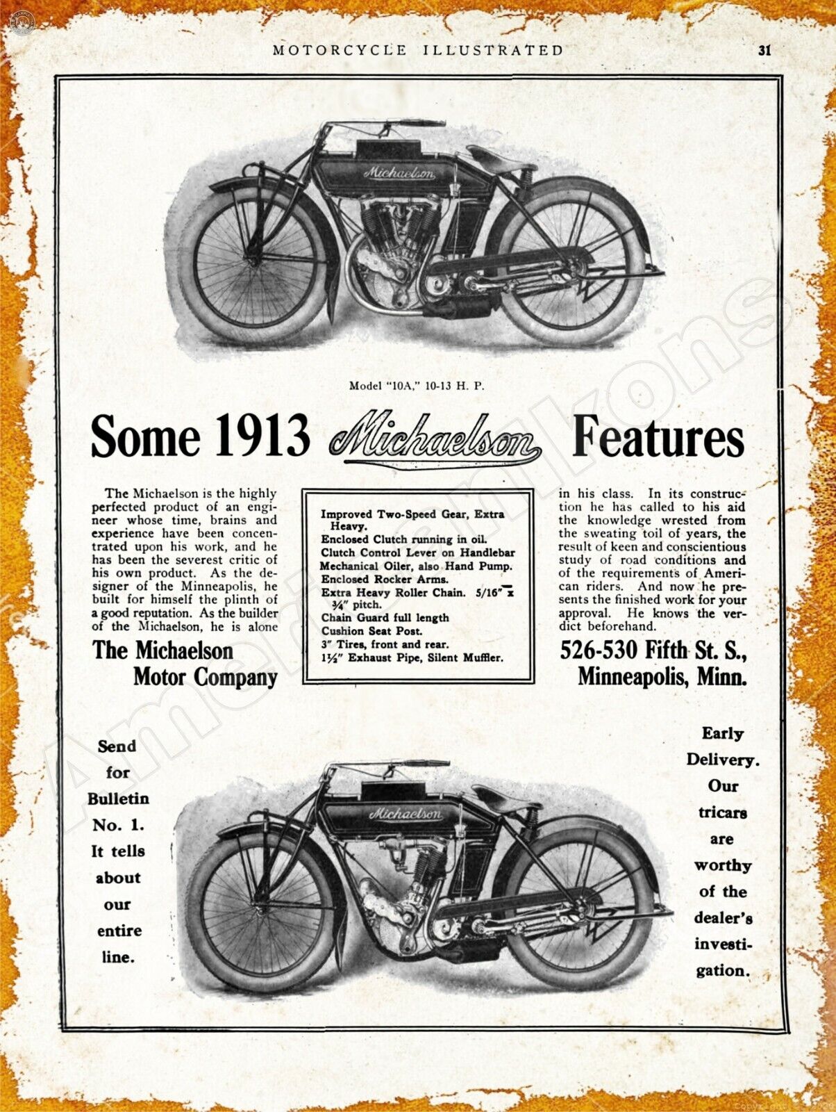 1913 Michaelson Motor Co. Motorcycles New Metal Sign: Minneapolis, Minnesota
