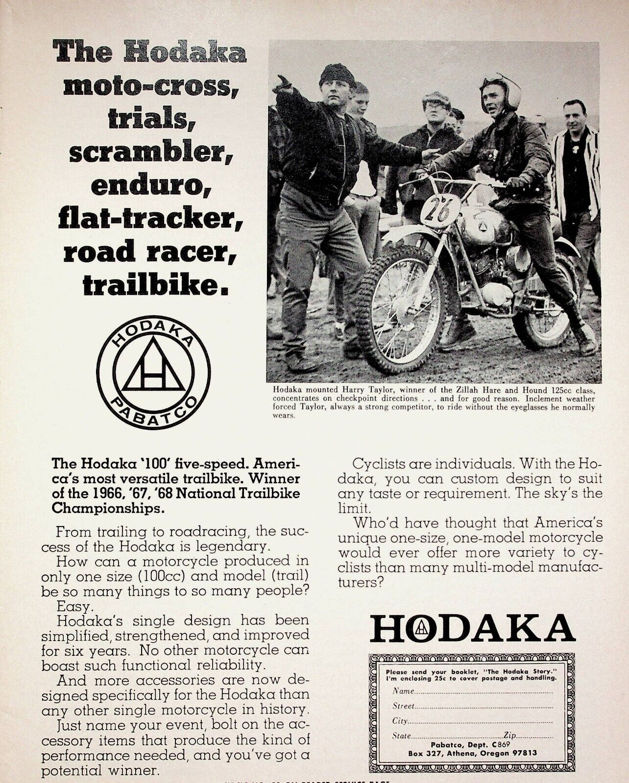 1969 Hodaka 100 Harry Taylor Wins Zillah Hare & Hound - Vintage Motorcycle Ad