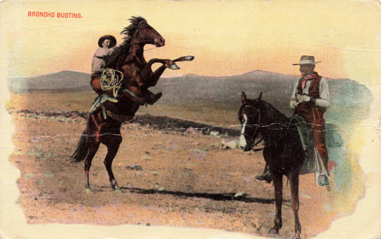021322 VINTAGE COWBOY POSTCARD BRONCO BUSTING TWO COWBOYS WITH HORSES 1913