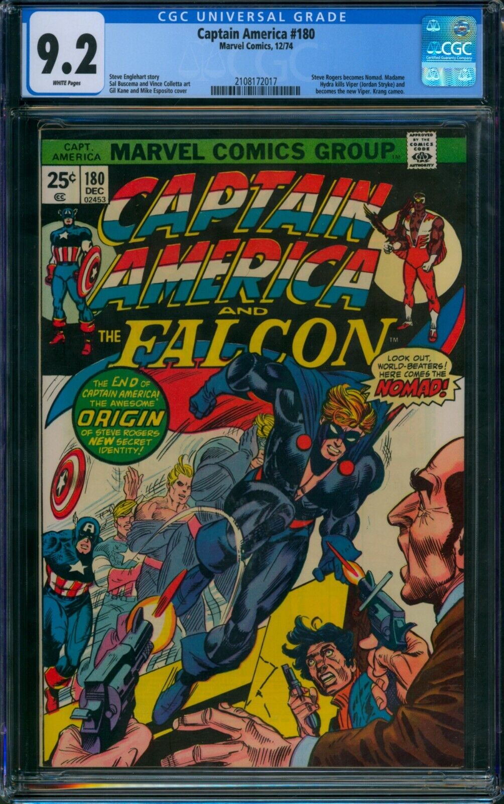 Captain America #180 ❄️ CGC 9.2 WHITE Pages ❄️ 1st Steve Rogers as Nomad 1974