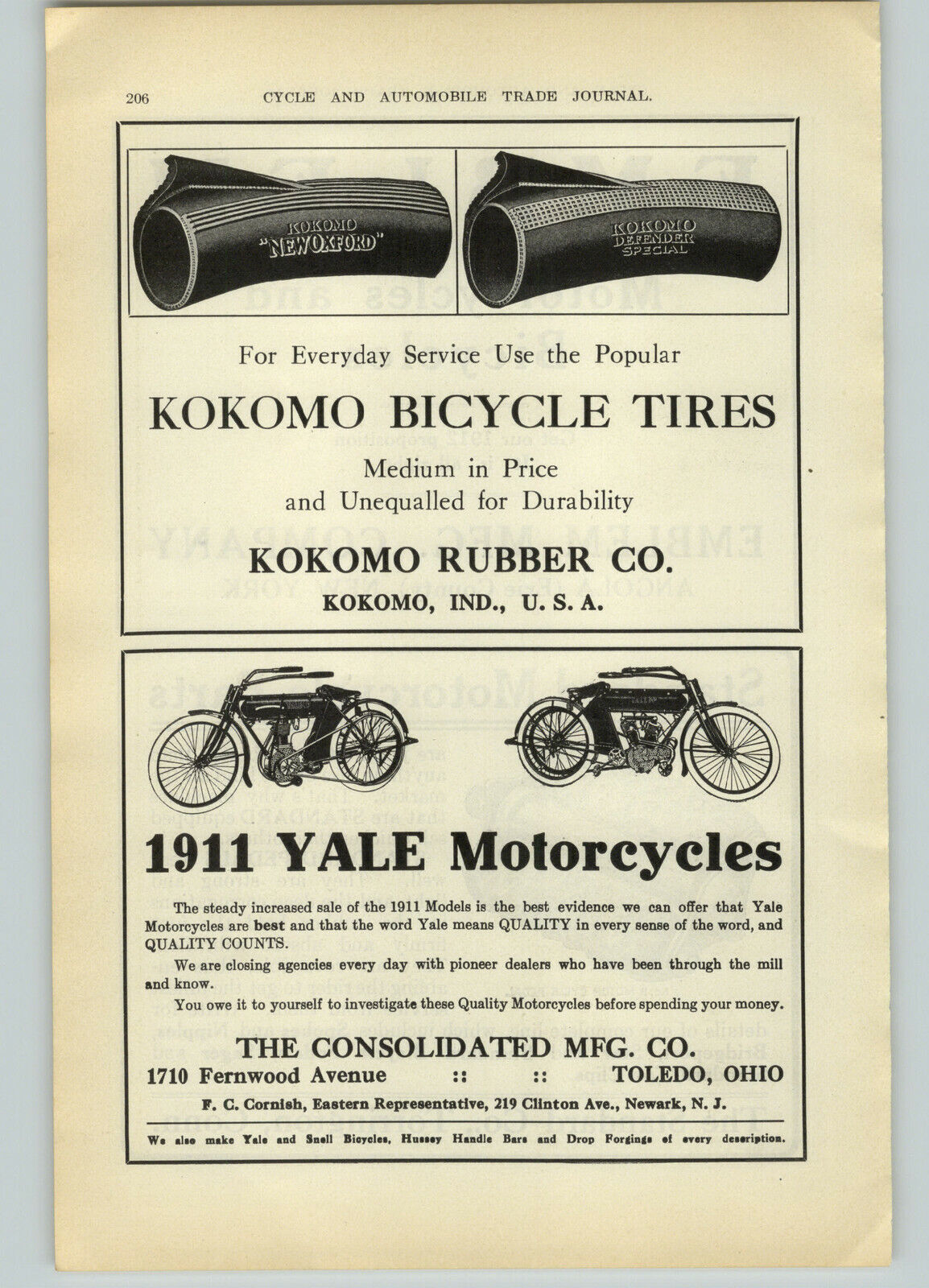 1911 PAPER AD Yale Motorcycle Toledo Ohio Emblem Angola New York Bicycles