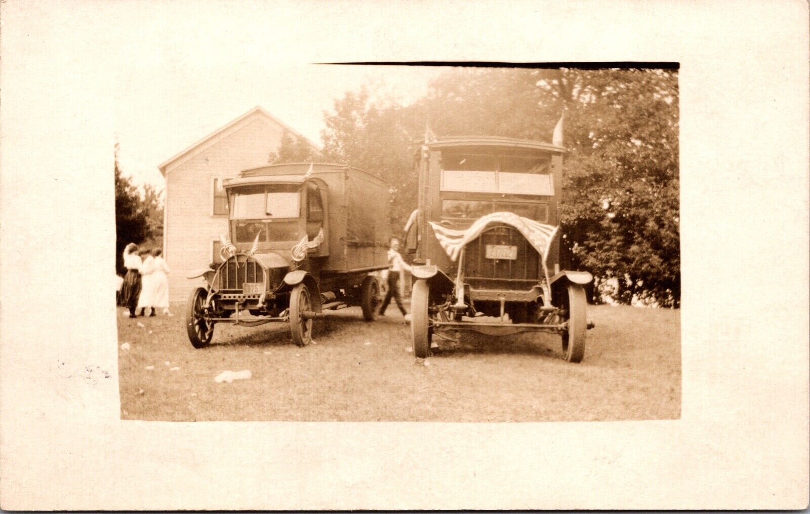 Real Photo Postcard Patriotic Decorated Early Automobiles Trucks