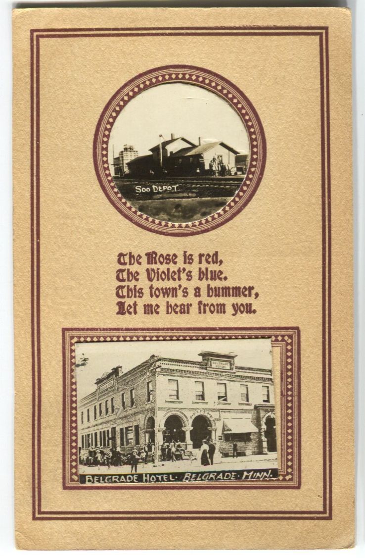 1913 Soo Line Railroad Depot  & Belgrade Minnesota MN  Hotel tipped on  RPPC
