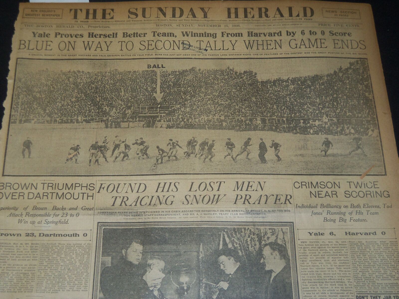 1906 NOVEMBER 25 THE BOSTON HERALD - YALE BEATS HARVARD 6-0 PEARY - BH 126