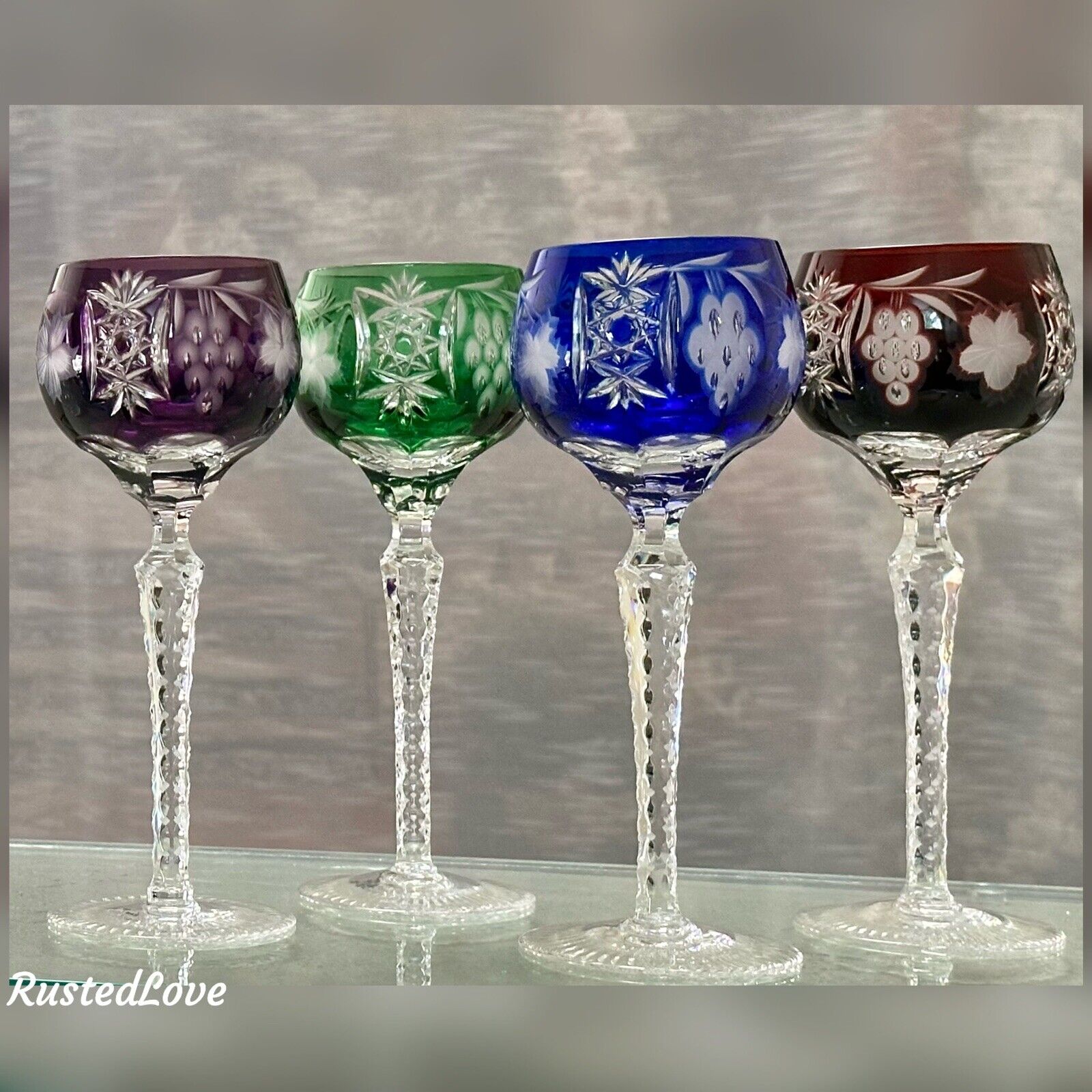 Bohemian Wine Glasses Cut to Clear Royal Blue, Ruby Red, Green and Amethyst 4 Pc
