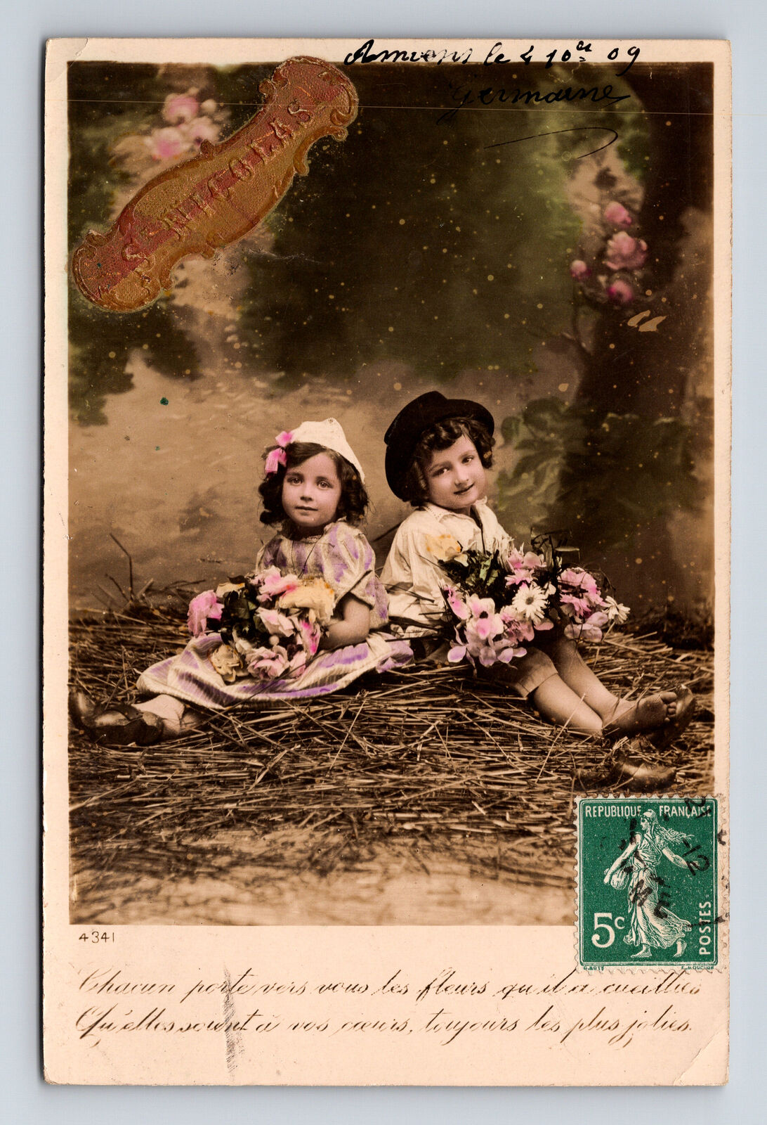 c1909 RPPC St Nicholas French Boy Girl Flowers Hand Colored Real Photo Postcard