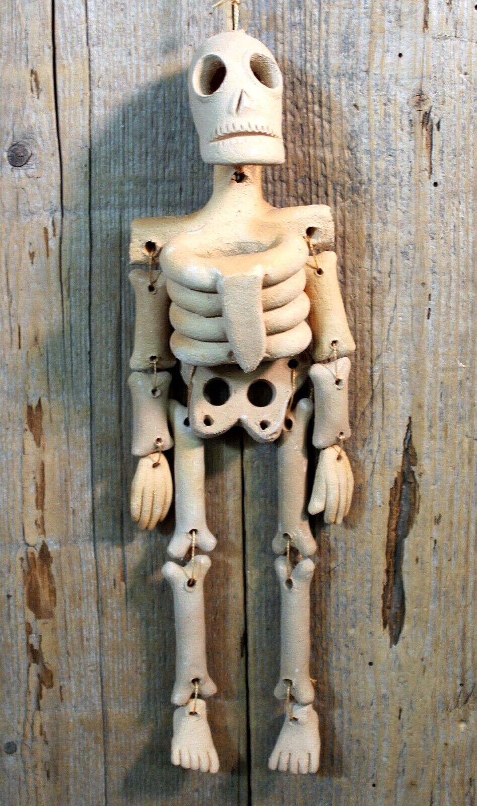 Day of the Dead Skeleton Articulated Beige Clay Handmade Atzompa Mexico Folk Art