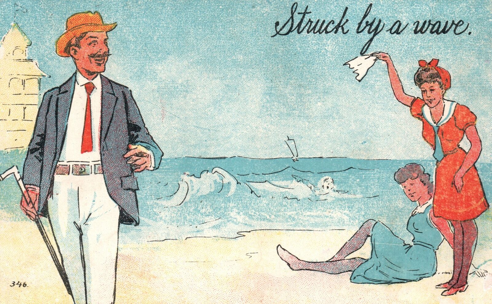 Vintage Postcard 1913 Struck By a Wave Man w/ Beard & Two Ladies on Beach Comics