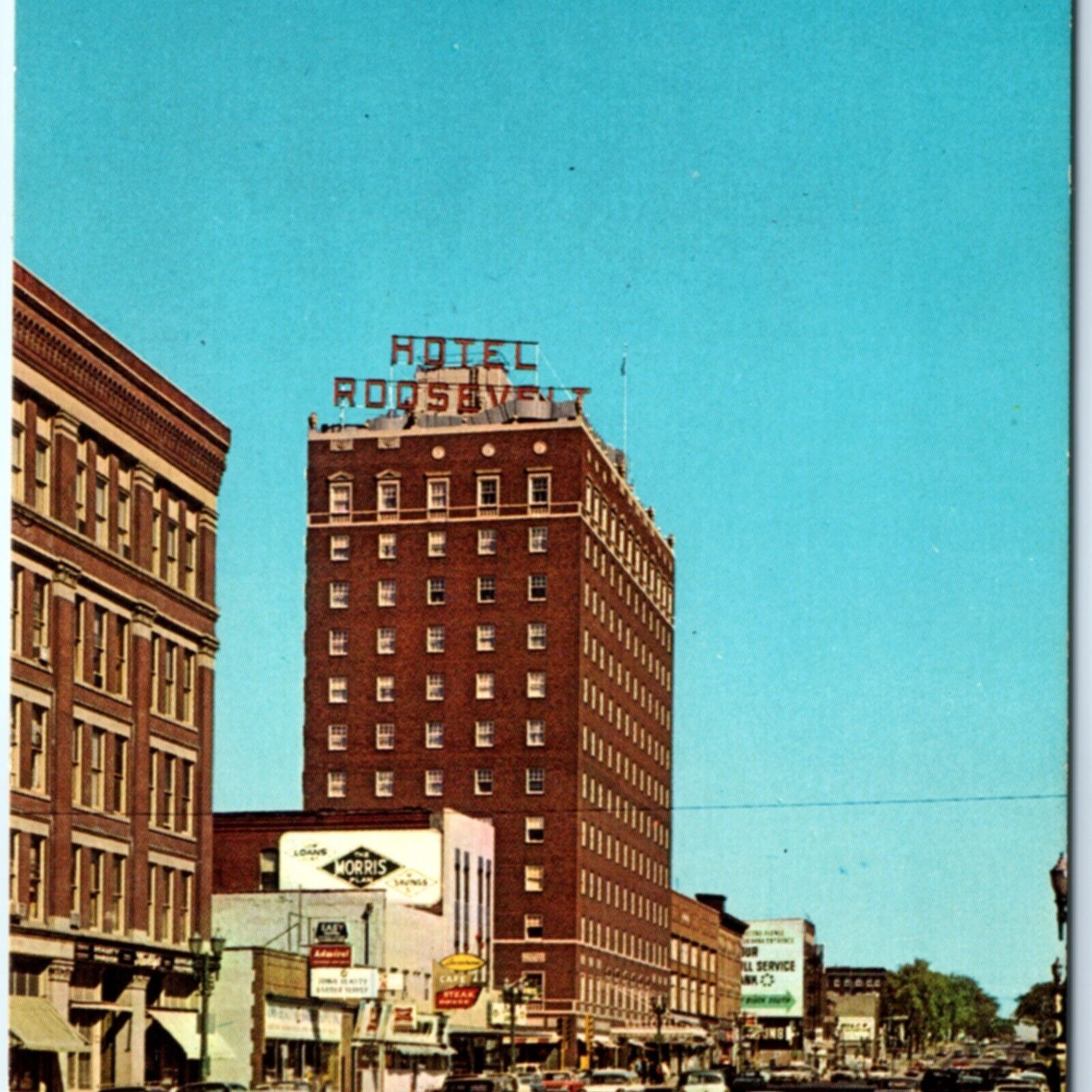 c1950s Cedar Rapids, IA First Ave Hotel Roosevelt Downtown Stores Cars Vtg A133