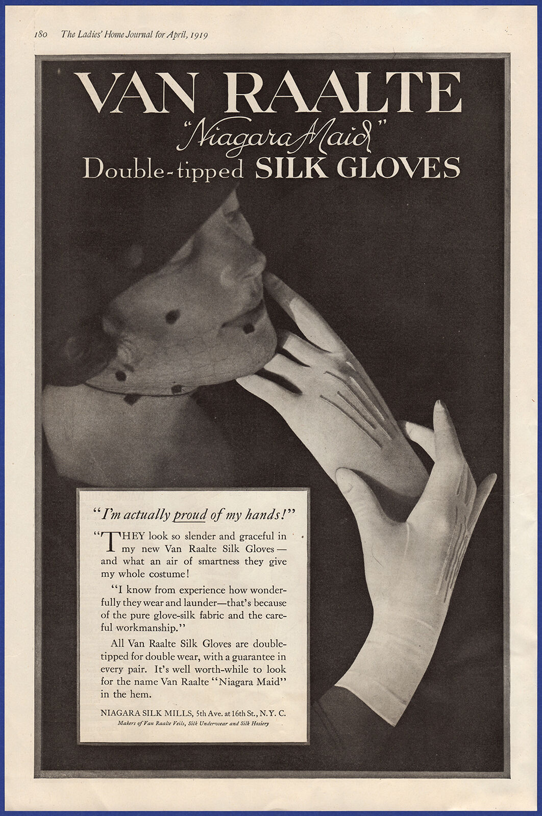 Vintage 1919 VAN RAALTE Double-Tipped Silk Gloves Women\'s Fashion Print Ad