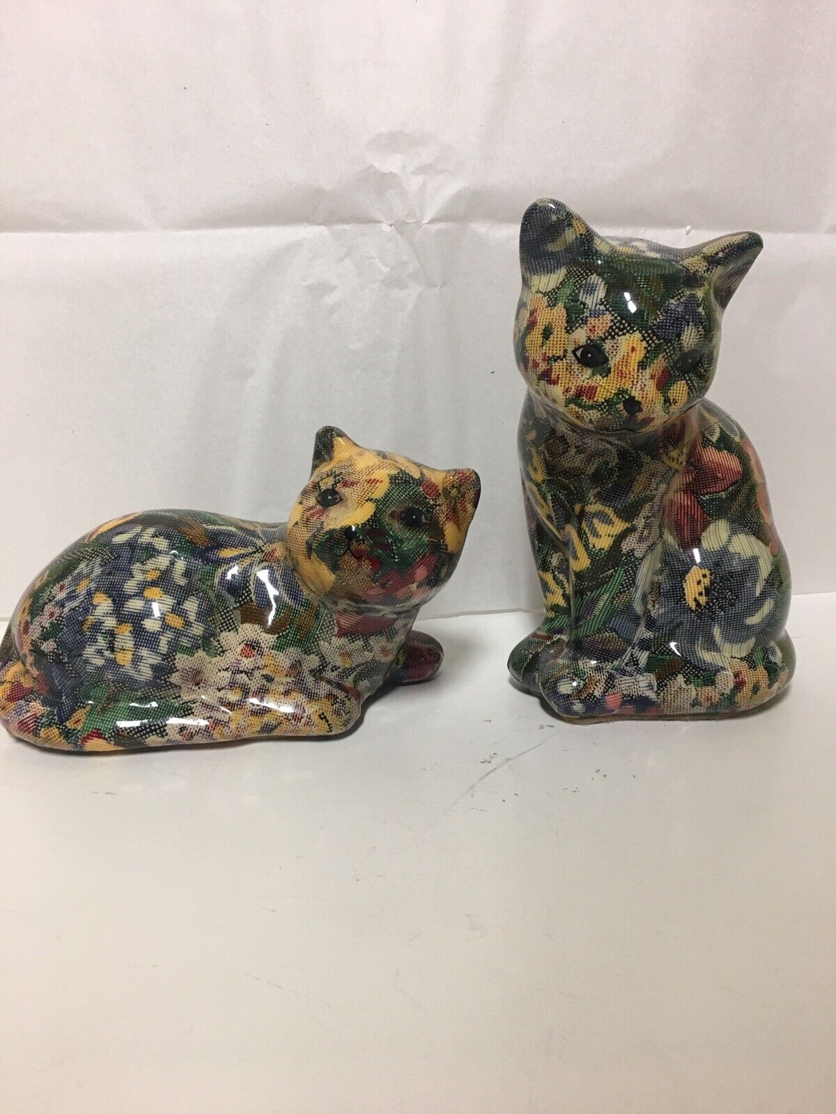 Pair of Vintage multicolor patch glazed Lacquer Cat Figurines 