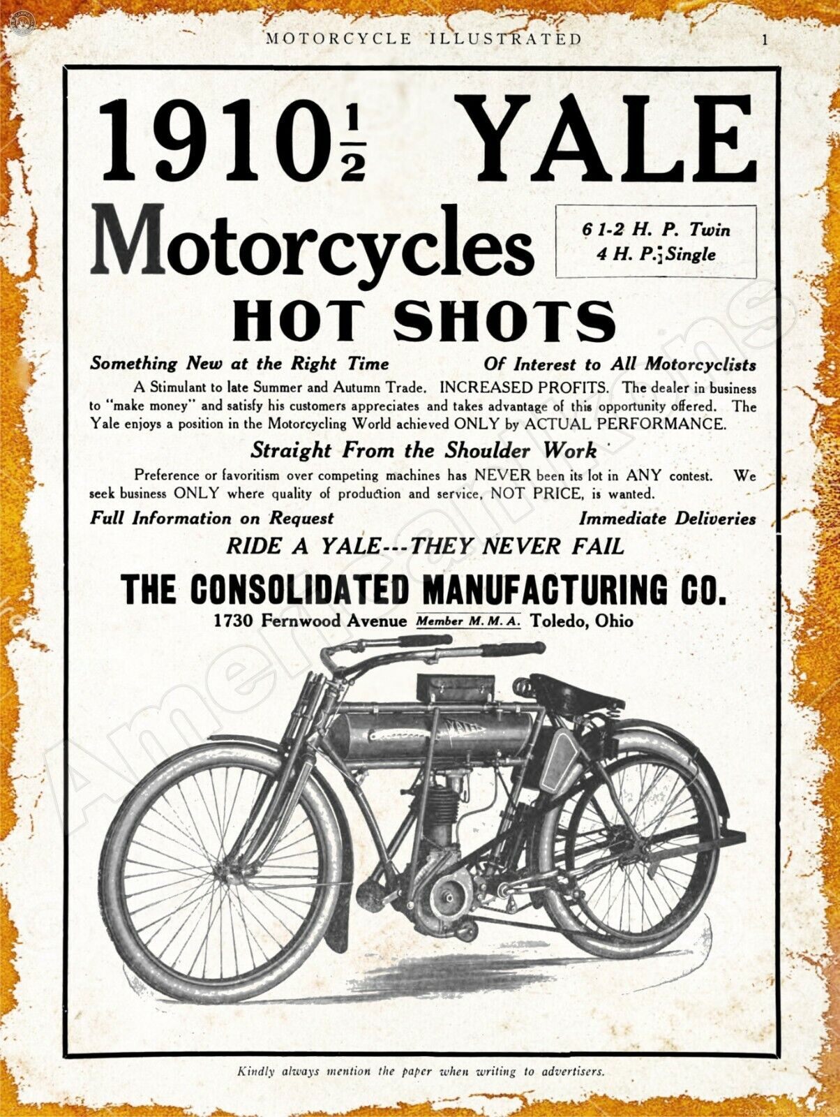 1910 Consolidated Mfg. Yale Motorcycles New Metal Sign: Toledo, Ohio