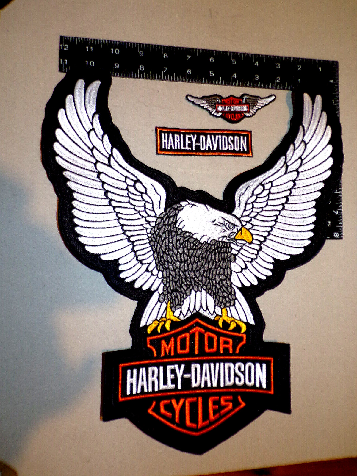 HARLEY DAVIDSON MOTORCYCLE JACKET/VEST IRON/SEW-ON LARGE 3 PIECE ORANGE PATCHS