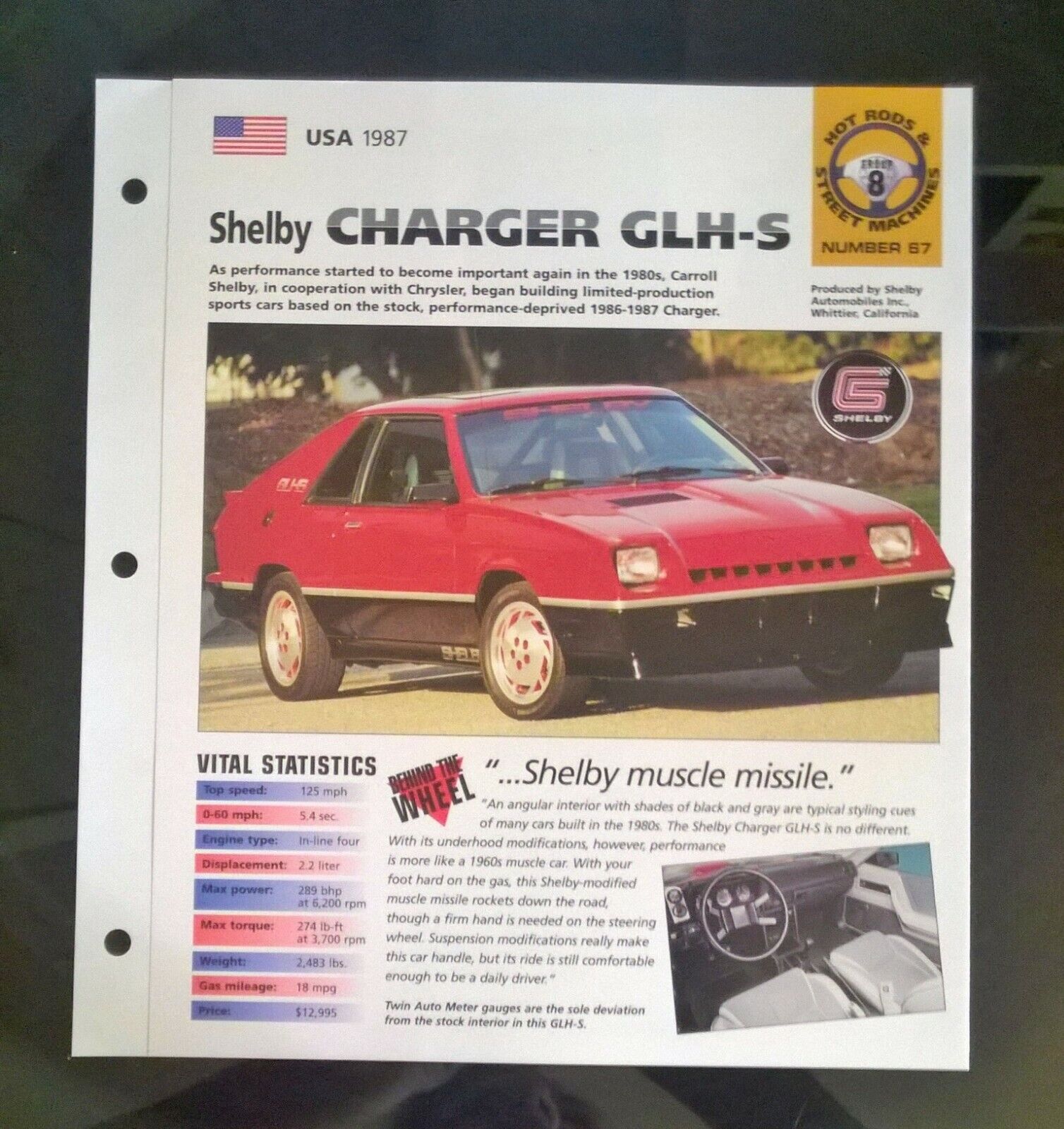 Imp 1987 dodge charger SHELBY GLH  information brochure Hot cars dealer